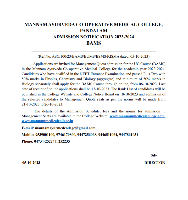 Admission Notification for Management Quota Seats in BAMS for the